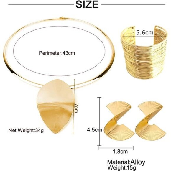 Bohemian Abstract Gold Jewelry Set – Collar Necklace, Coil Cuff & Earrings Set - Picture 2 of 6